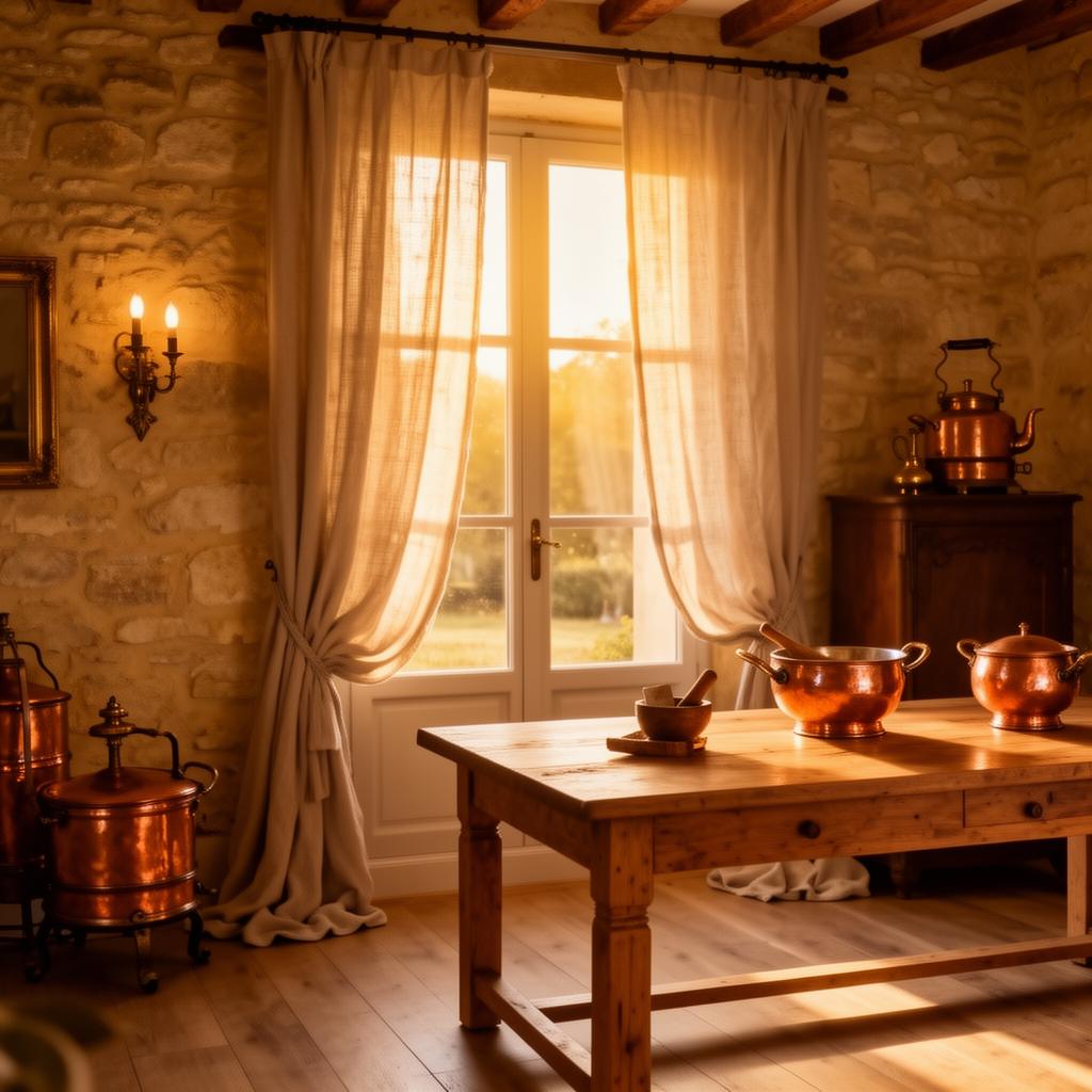 Intérieur chaleureux d'une maison de famille en Périgord, lumière dorée du matin